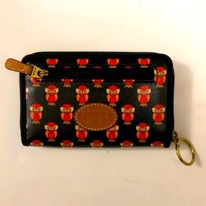 Fossil Keyper Multi Zipper Wallet Black red orange owl design Excellent Conditio